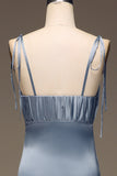 Dusty Blue Sheath Spaghetti Straps Satin Pleated Bridesmaid Dress