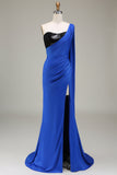 Royal Blue One Shoulder Mermaid Sequin Pleated Prom Dress with Slit