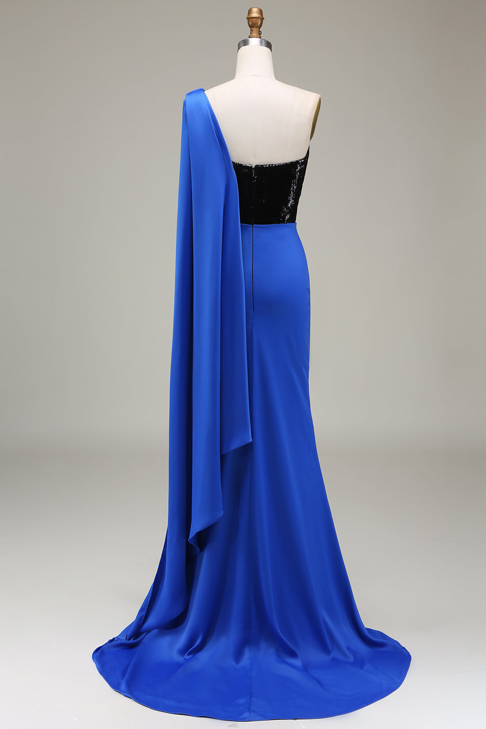 Royal Blue One Shoulder Mermaid Sequin Pleated Prom Dress with Slit