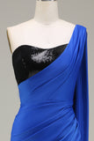 Royal Blue One Shoulder Mermaid Sequin Pleated Prom Dress with Slit