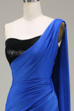 Royal Blue One Shoulder Mermaid Sequin Pleated Prom Dress with Slit