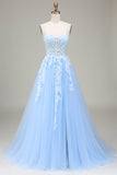 Sky Blue A-Line Spaghetti Straps Tulle Prom Dress with Appliques