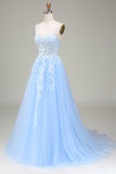 Sky Blue A-Line Spaghetti Straps Tulle Prom Dress with Appliques