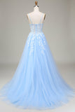 Sky Blue A-Line Spaghetti Straps Tulle Prom Dress with Appliques