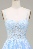 Sky Blue A-Line Spaghetti Straps Tulle Prom Dress with Appliques