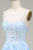Sky Blue A-Line Spaghetti Straps Tulle Prom Dress with Appliques