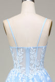 Sky Blue A-Line Spaghetti Straps Tulle Prom Dress with Appliques