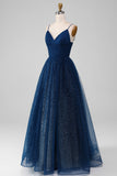 Navy Ball-Gown Spaghetti Straps V-Neck Long Beaded Tulle Prom Dress