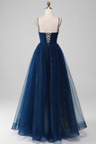 Navy Ball-Gown Spaghetti Straps V-Neck Long Beaded Tulle Prom Dresses