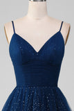 Navy Ball-Gown Spaghetti Straps V-Neck Long Beaded Tulle Prom Dresses