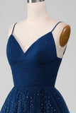 Navy Ball-Gown Spaghetti Straps V-Neck Long Beaded Tulle Prom Dress