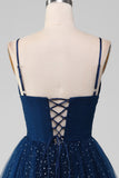 Navy Ball-Gown Spaghetti Straps V-Neck Long Beaded Tulle Prom Dress