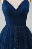 Navy Ball-Gown Spaghetti Straps V-Neck Long Beaded Tulle Prom Dresses