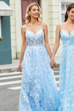 Gorgeous A Line Spaghetti Straps Sky Blue Corset Prom Dress with Appliques