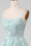 Glitter Mint A-Line Spaghetti Straps Tulle Long Prom Dress with Lace