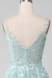 Glitter Mint A-Line Spaghetti Straps Tulle Long Prom Dress with Lace
