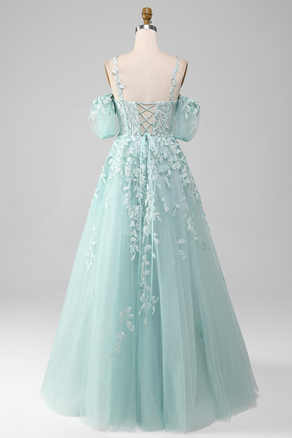 Ball-Gown Off The Shoulder Beaded Mint Prom Dress With Appliques