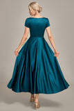 Peacock Green V-Neck A-Line Pleated Satin Mother of the Bride Dress