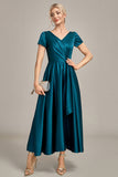 Peacock Green V-Neck A-Line Pleated Satin Mother of the Bride Dress