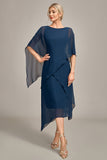 Navy A-Line Scoop Neck Chiffon Mother of the Bride Dress