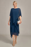 Navy A-Line Scoop Neck Chiffon Mother of the Bride Dress