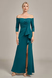 Mermaid Dark Green Off The Shoulder Cascading Ruffled Mother Of The Bride Dress