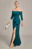 Mermaid Dark Green Off The Shoulder Cascading Ruffled Mother Of The Bride Dress