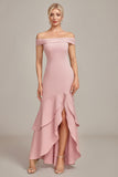 Pink Mermaid Off The Shoulder Asymmetrical Ruffled Mother of the Bride Dress