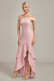 Pink Mermaid Off The Shoulder Asymmetrical Ruffled Mother of the Bride Dress