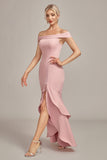 Pink Mermaid Off The Shoulder Asymmetrical Ruffled Mother of the Bride Dress