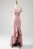 Pink Mermaid Off The Shoulder Asymmetrical Ruffled Mother of the Bride Dress