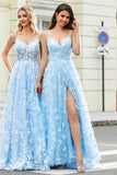 Charming Sky Blue A Line Spaghetti Straps Prom Dress with Split Front