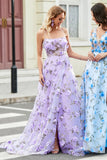 Gorgeous Lilac A Line Spaghetti Straps Long Prom Dress with 3D Flowers