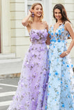 Gorgeous Lilac A Line Spaghetti Straps Long Prom Dress with 3D Flowers