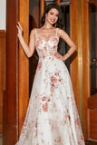 Sparkly Ivory Flower A-Line Long Corset Embroidered Prom Dress with Slit