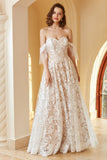 White Gorgeous A Line Off the Shoulder Lace Floor-Length Wedding Dress