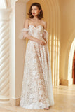 White Gorgeous A Line Off the Shoulder Lace Floor-Length Wedding Dress