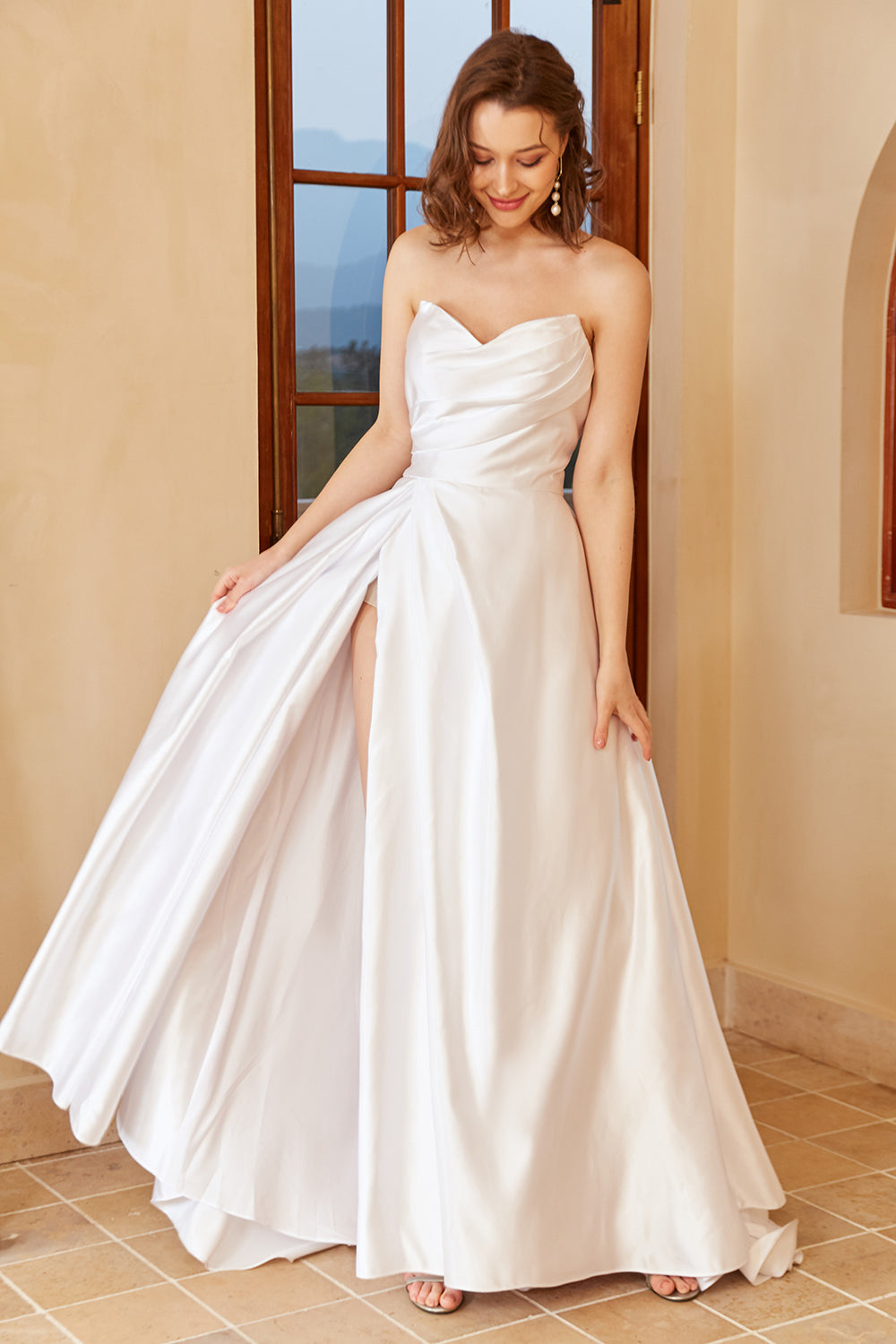 White A Line Sweetheart Satin Floor-Length Wedding Dress with Slit