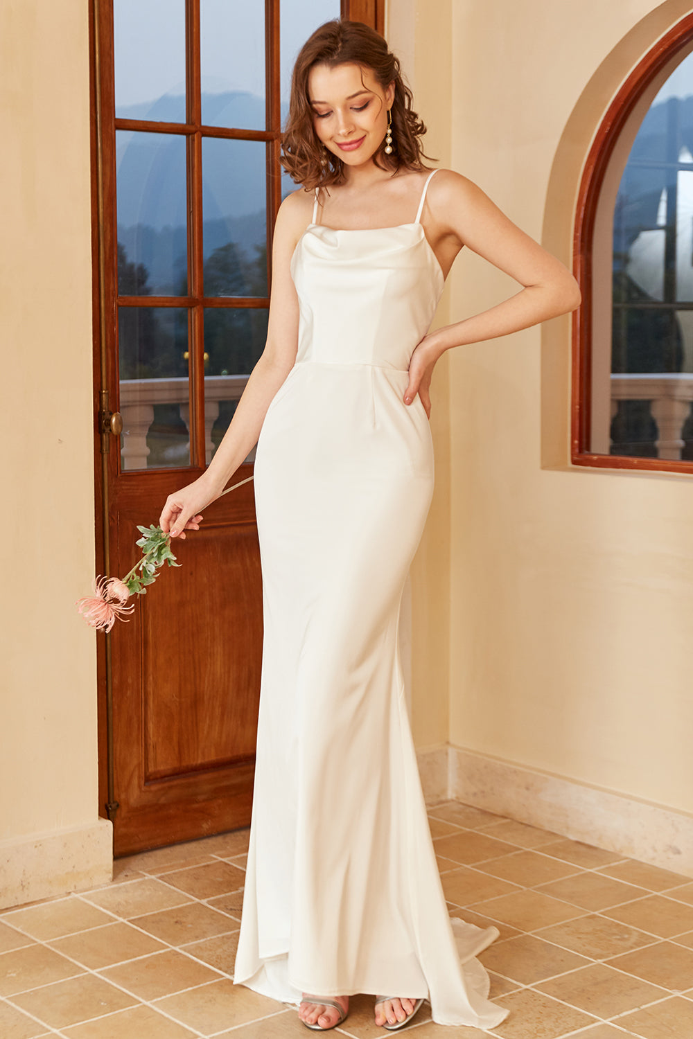 White Mermaid Spaghetti Straps Simple Floor-Length Wedding Dress