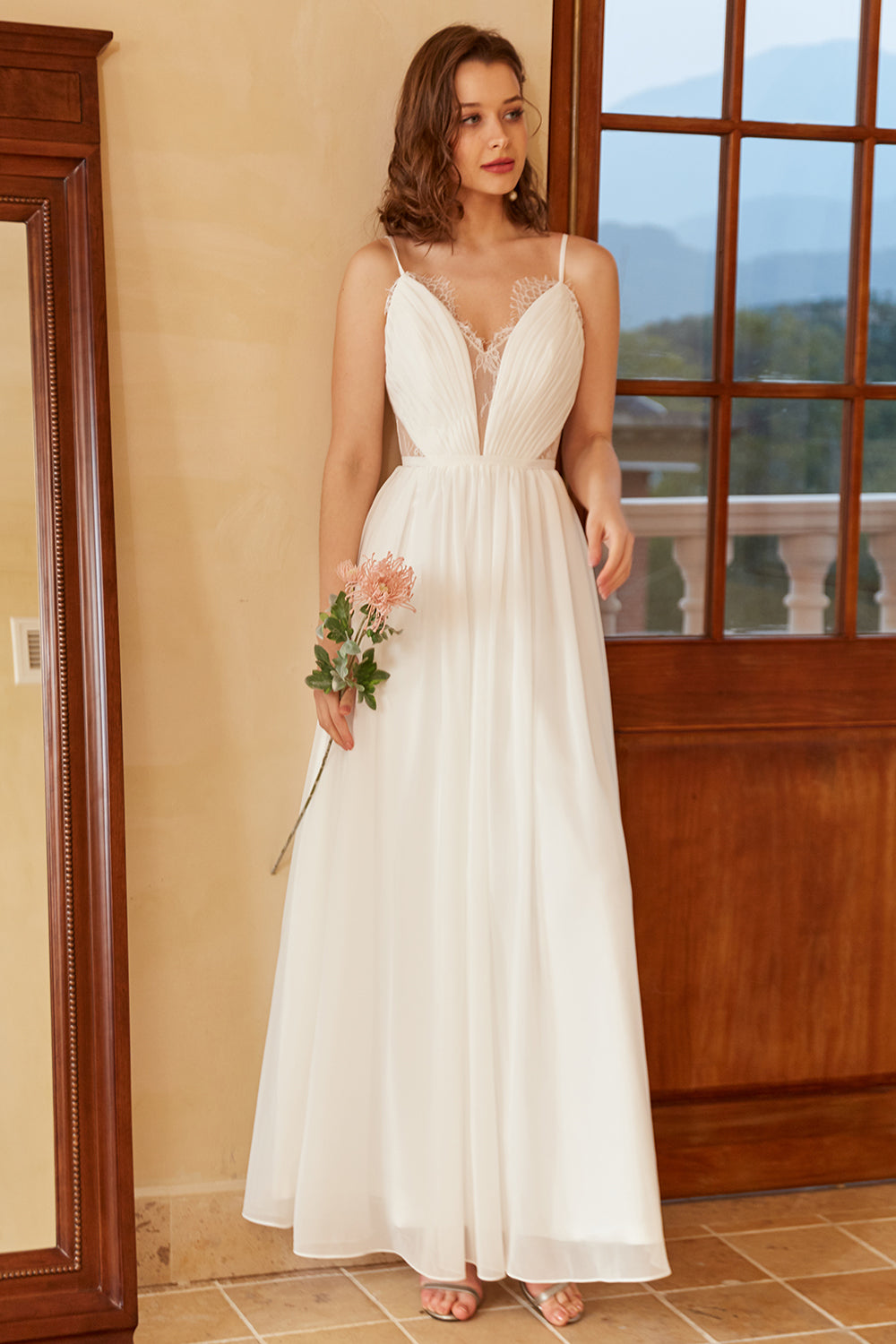 White A Line Spaghetti Straps Simple Floor-Length Wedding Dress