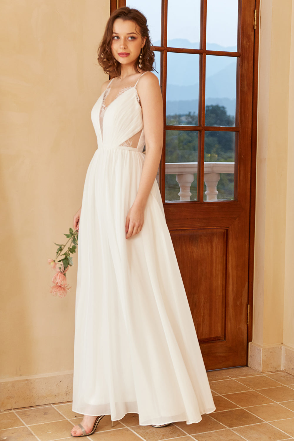 White A Line Spaghetti Straps Simple Floor-Length Wedding Dress