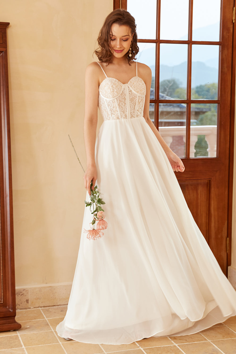 White Beautiful A Line Spaghetti Straps Floor-Length Wedding Dress with Appliques