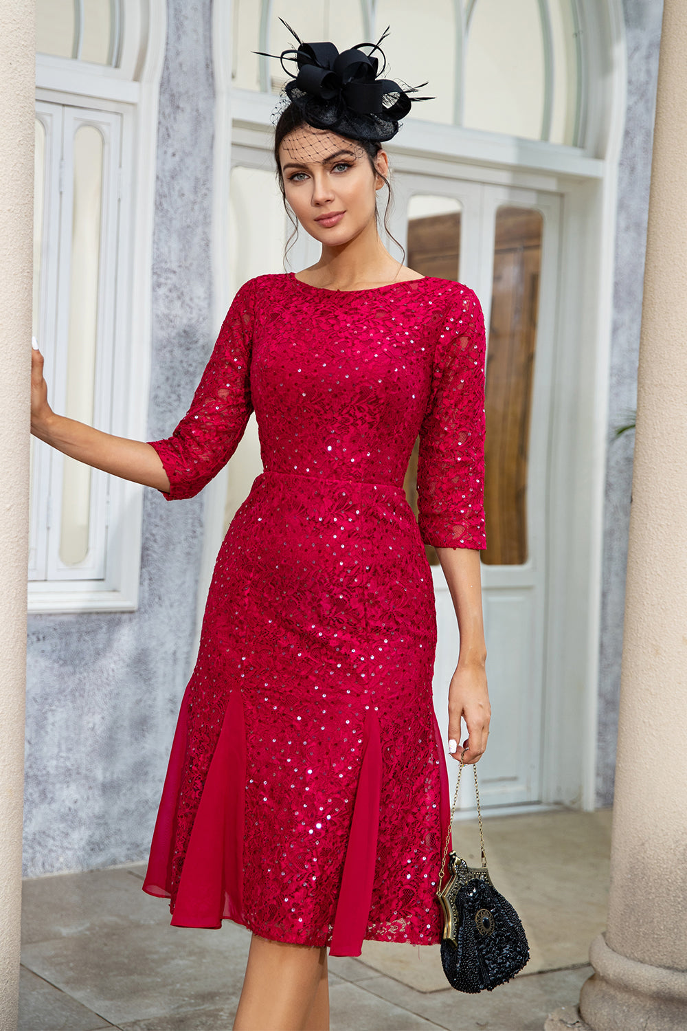Burgundy Sheath Sparkly Sequin Lace Mother of the Bride Dress
