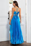 Lake Blue A Line Spaghetti Straps Pleated Long Prom Dress