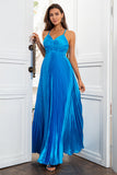 Lake Blue A Line Spaghetti Straps Pleated Long Prom Dress