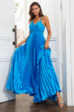 Lake Blue A Line Spaghetti Straps Pleated Long Prom Dress