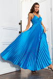 Lake Blue A Line Spaghetti Straps Pleated Long Prom Dress