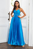 Lake Blue A Line Spaghetti Straps Pleated Long Prom Dress