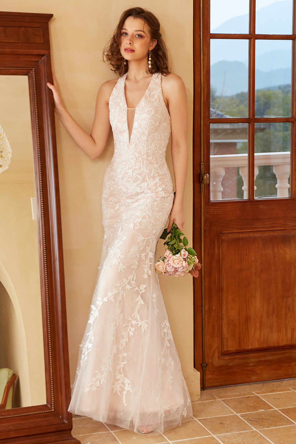 White Mermaid Deep V Neck Lace Wedding Dress with Appliques