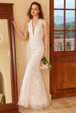 White Mermaid Deep V Neck Lace Wedding Dress with Appliques
